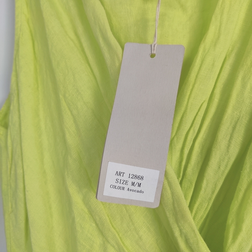 Vibrant Avocado Green Summer Dress with Eyelet Details, Size Medium Linen Beach - Picture 4 of 10